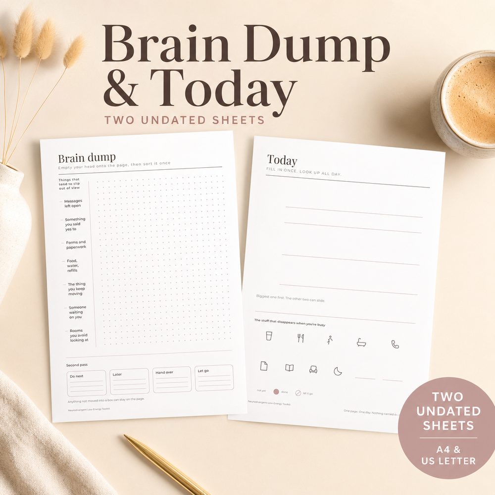 Brain Dump and Today, two undated printable planner sheets, A4 and US Letter