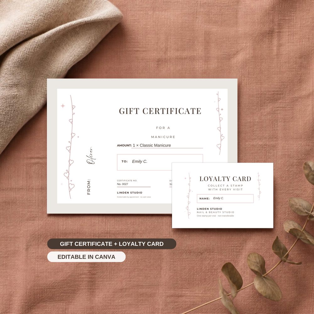 Salon gift certificate and matching loyalty stamp card in a classic design, editable Canva templates for nail and beauty studios