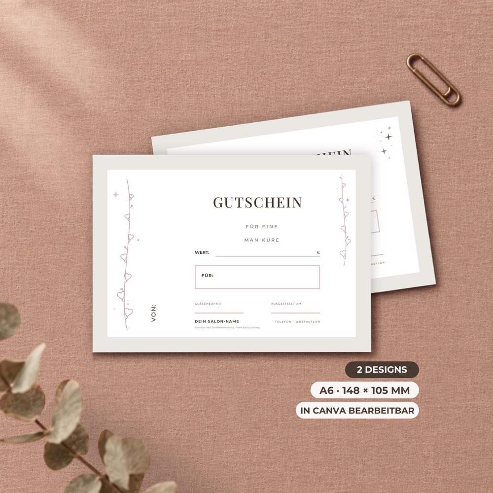 German-language Gutschein template for beauty and nail studios, A6 card with front and back, editable in Canva