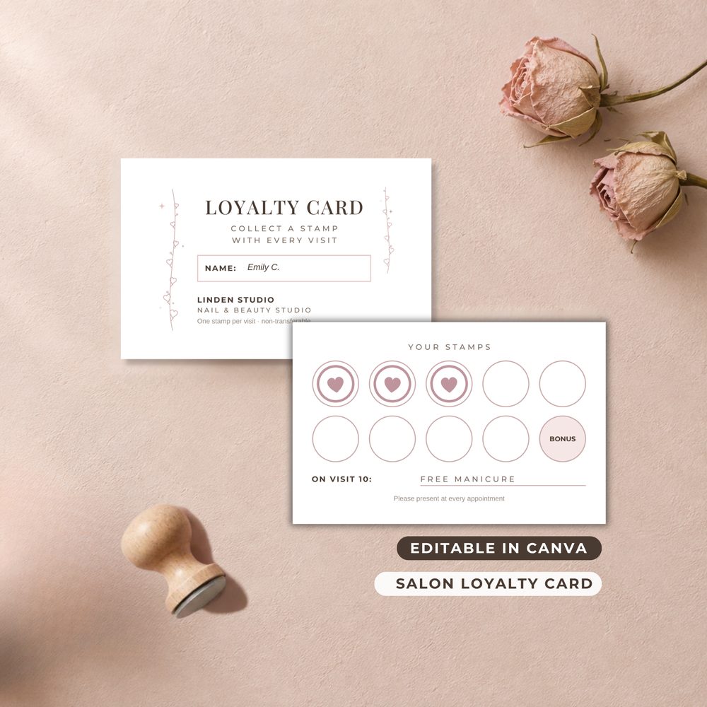 Salon loyalty stamp card template, front with client name and back with stamp circles, editable in Canva for nail and beauty studios