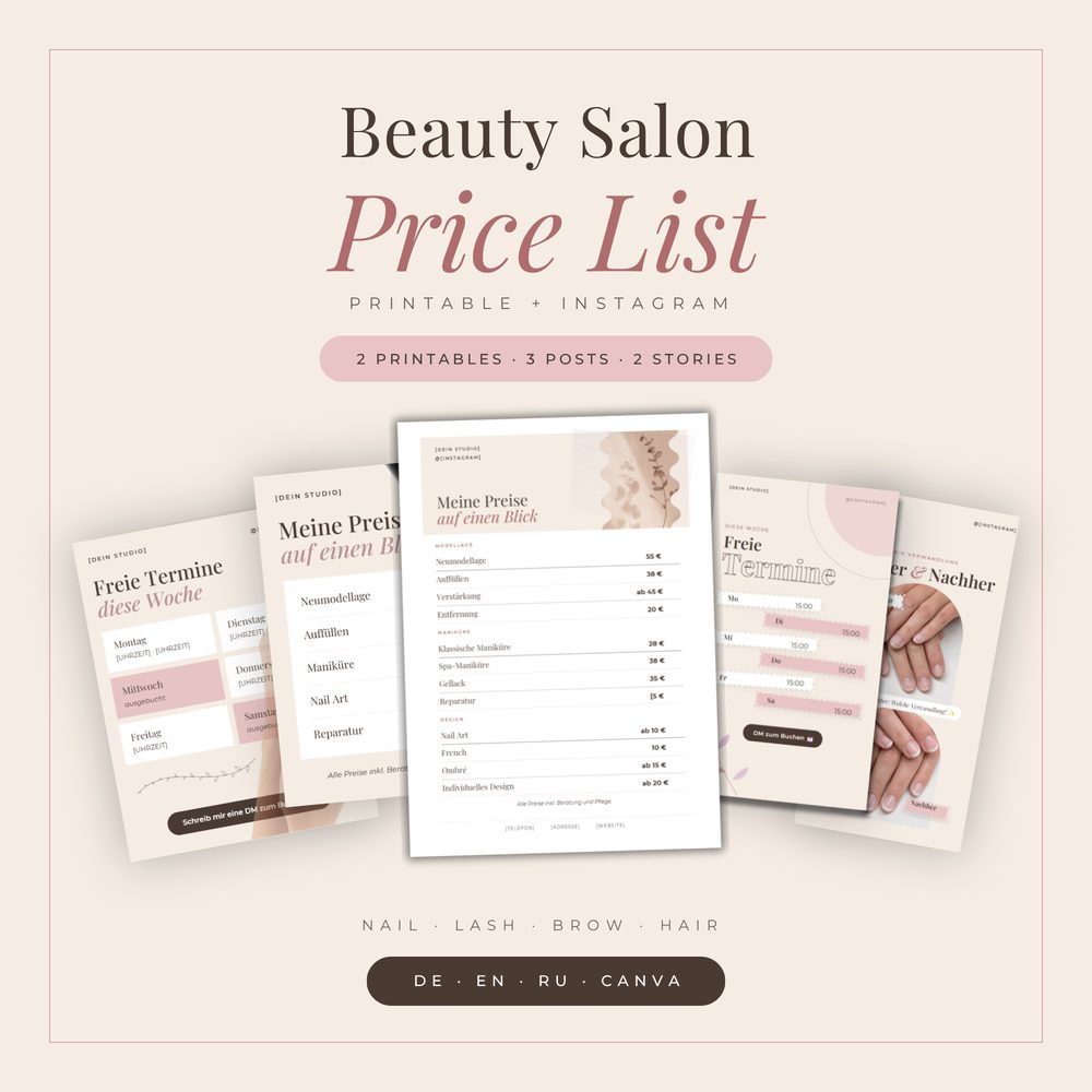 Beauty salon price list template: printable price sheets, Instagram posts and stories for nail, lash, brow and hair studios, editable in Canva