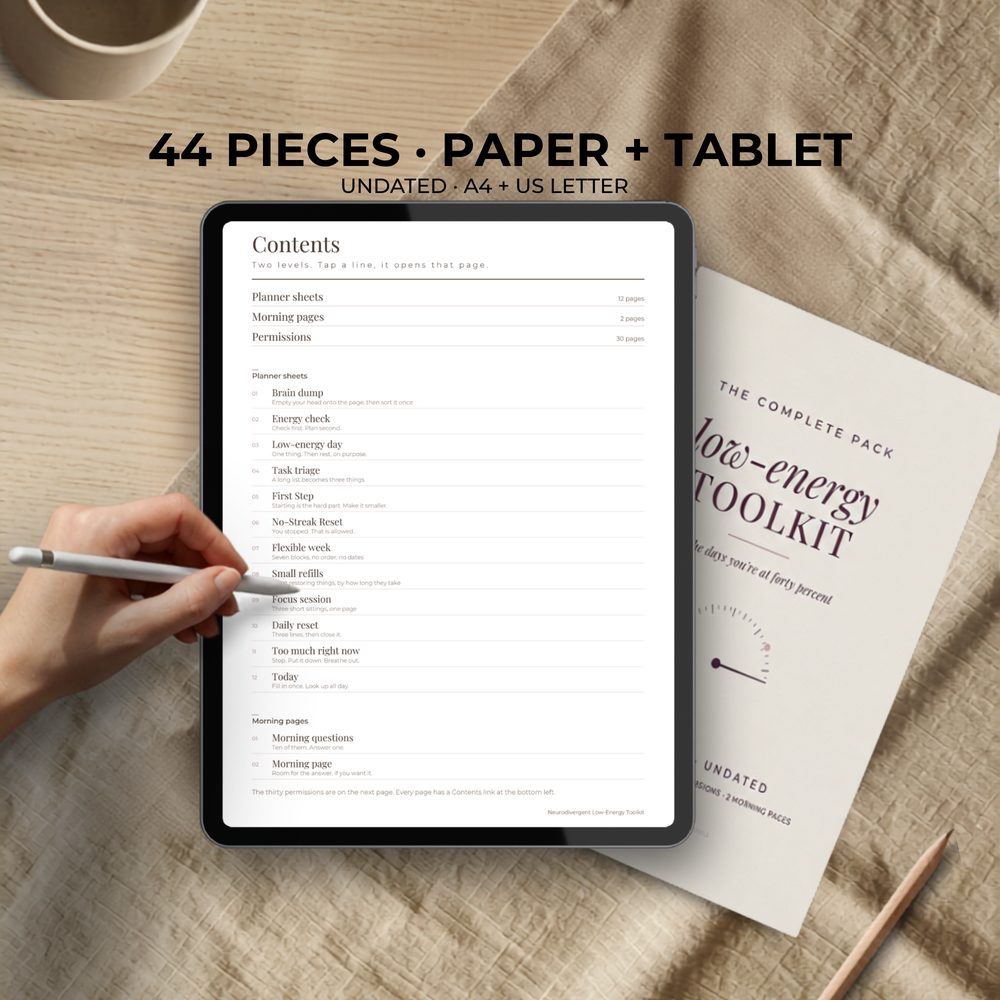 Complete low-energy system on a tablet and on paper: hyperlinked contents page, 44 pieces, A4 and US Letter