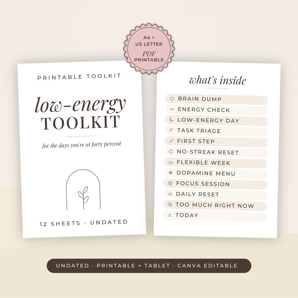 Low-Energy Toolkit printable planner cover with the list of twelve undated sheets, A4 and US Letter